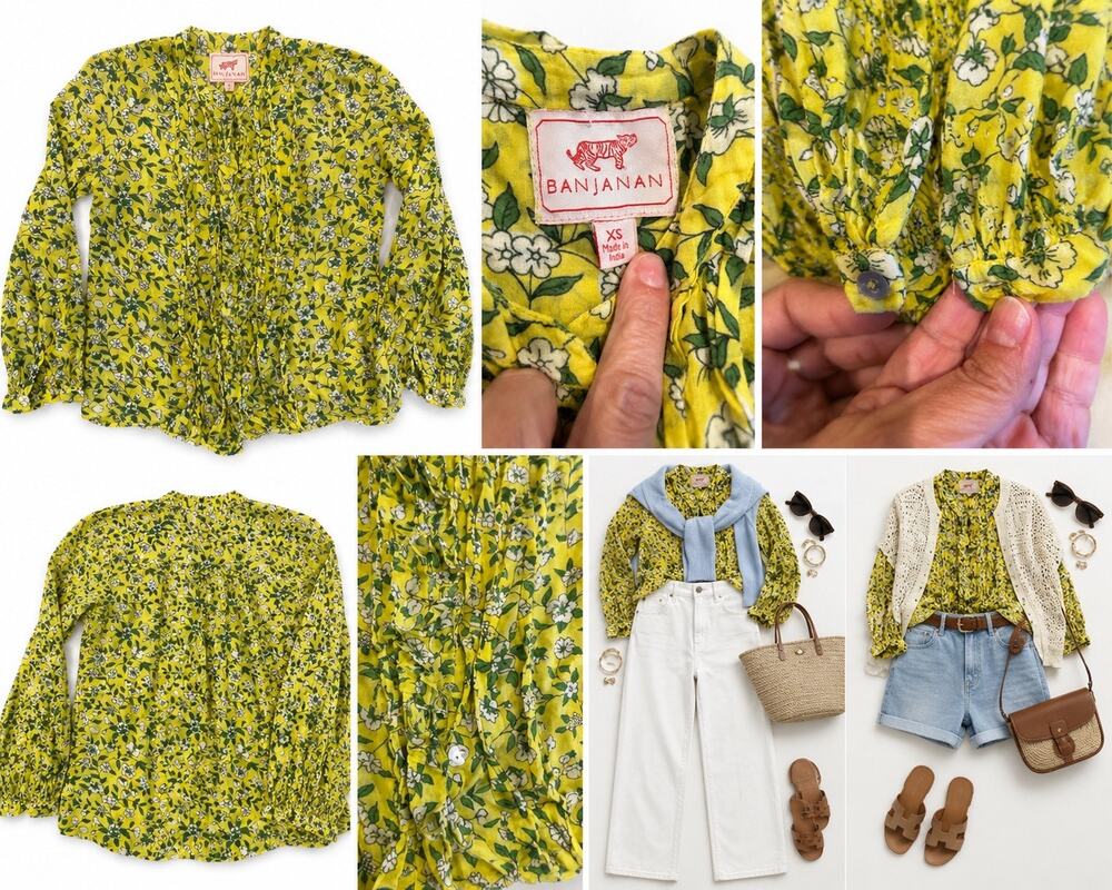 Banjanan XS Yellow Floral Block Print Cotton Peasant Blouse India
